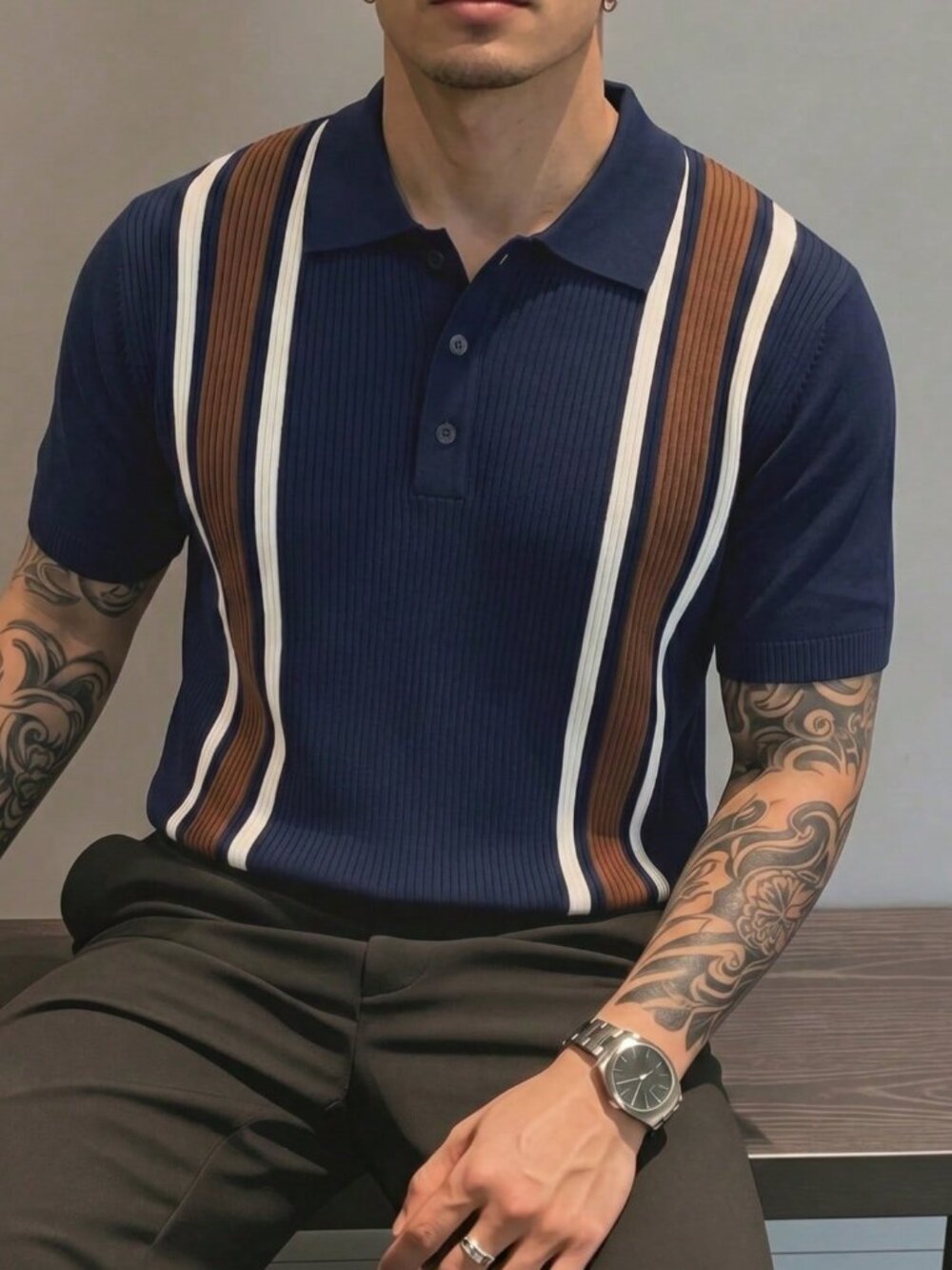 Navy Blue Sporty Men's Short Sleeve Polo